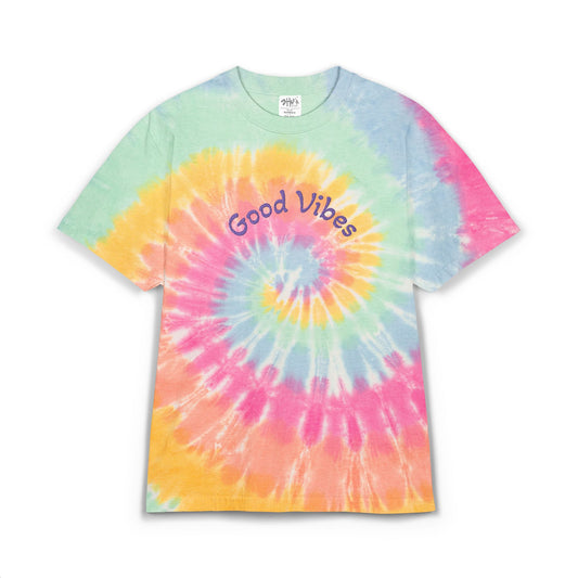 Printify embroidered tie-dye t-shirt with colorful spiral pattern and Good Vibes embroidery