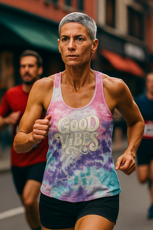 Printify good vibes tie dye tank top worn by a runner during an outdoor race event