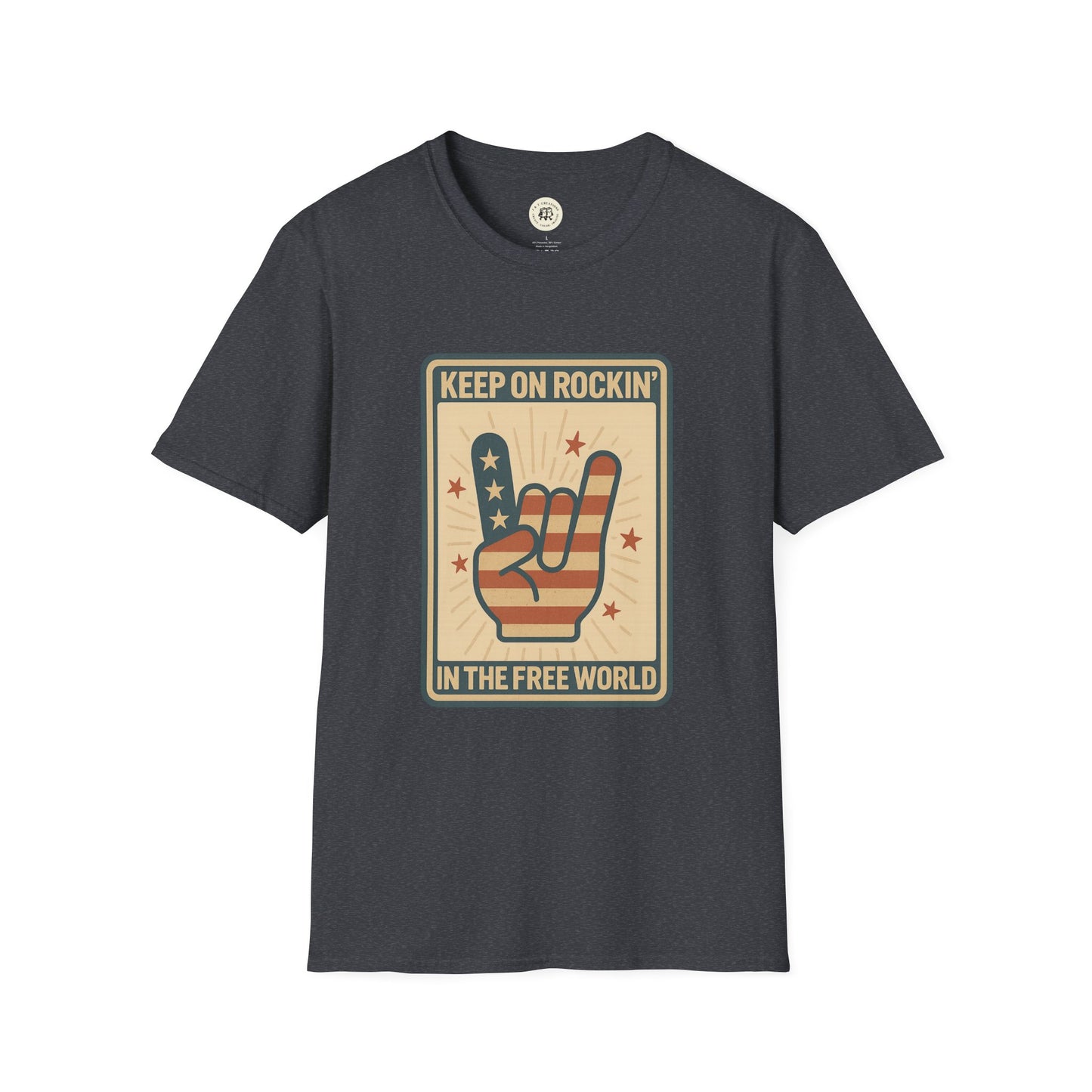 Printify Keep on Rockin in the Free World t-shirt with patriotic rock hand graphic on black fabric