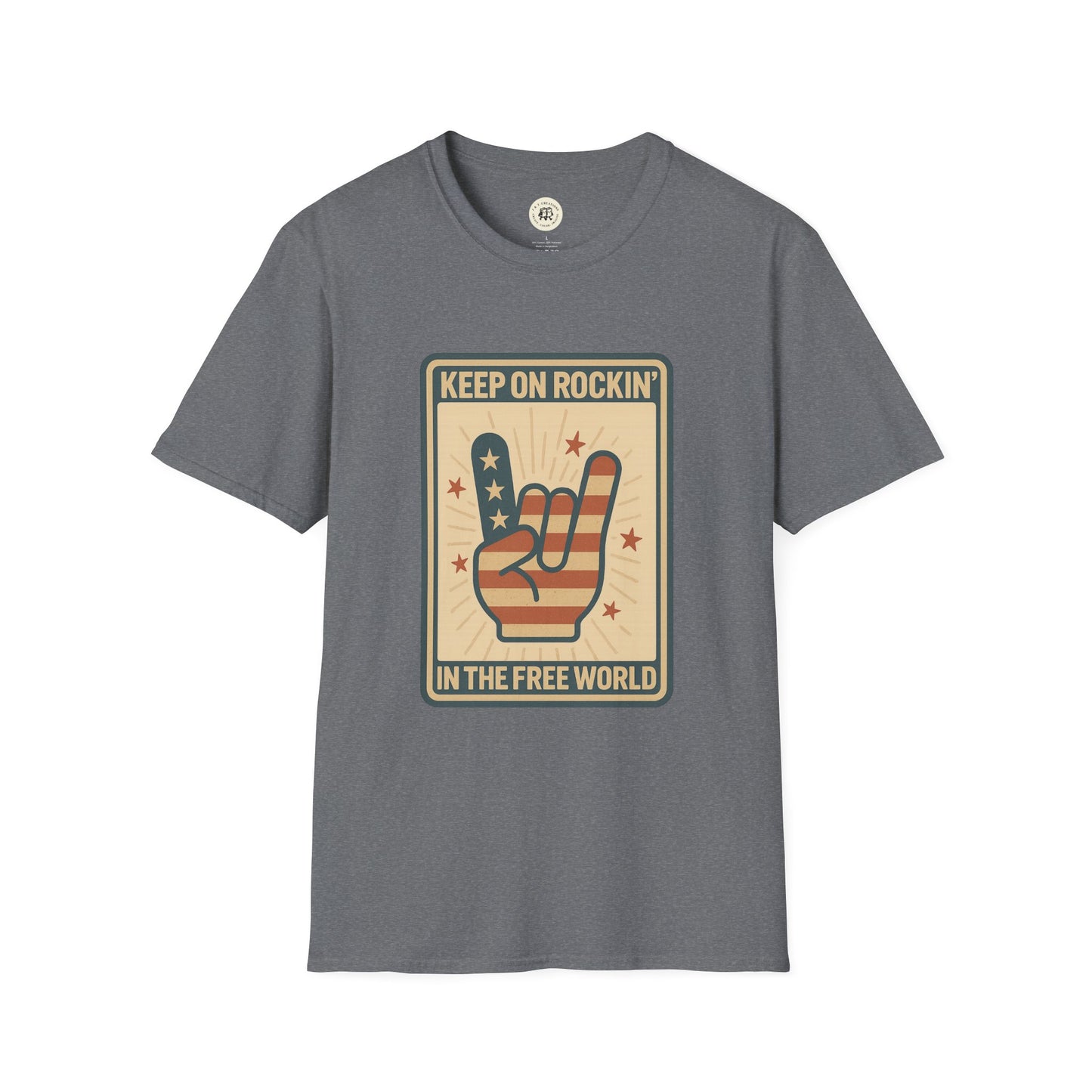 Gray Printify Keep on Rockin in the Free World t-shirt with American flag rock hand graphic