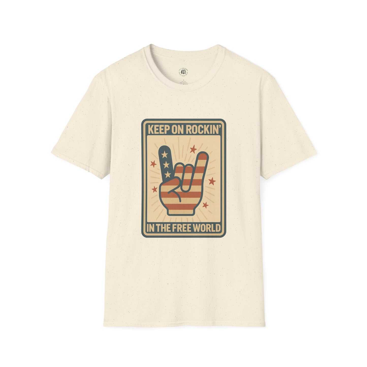 Keep on Rockin in the Free World t-shirt featuring hand rock sign with American flag design