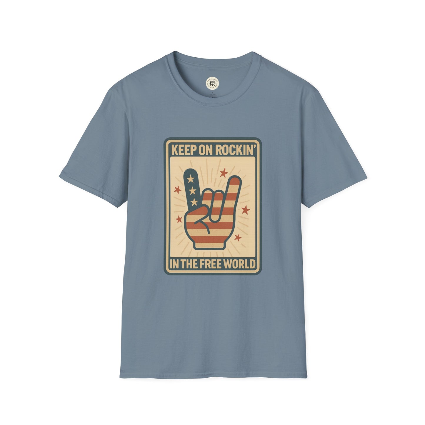 Printify blue Keep on Rockin in the Free World t-shirt with patriotic rock hand graphic