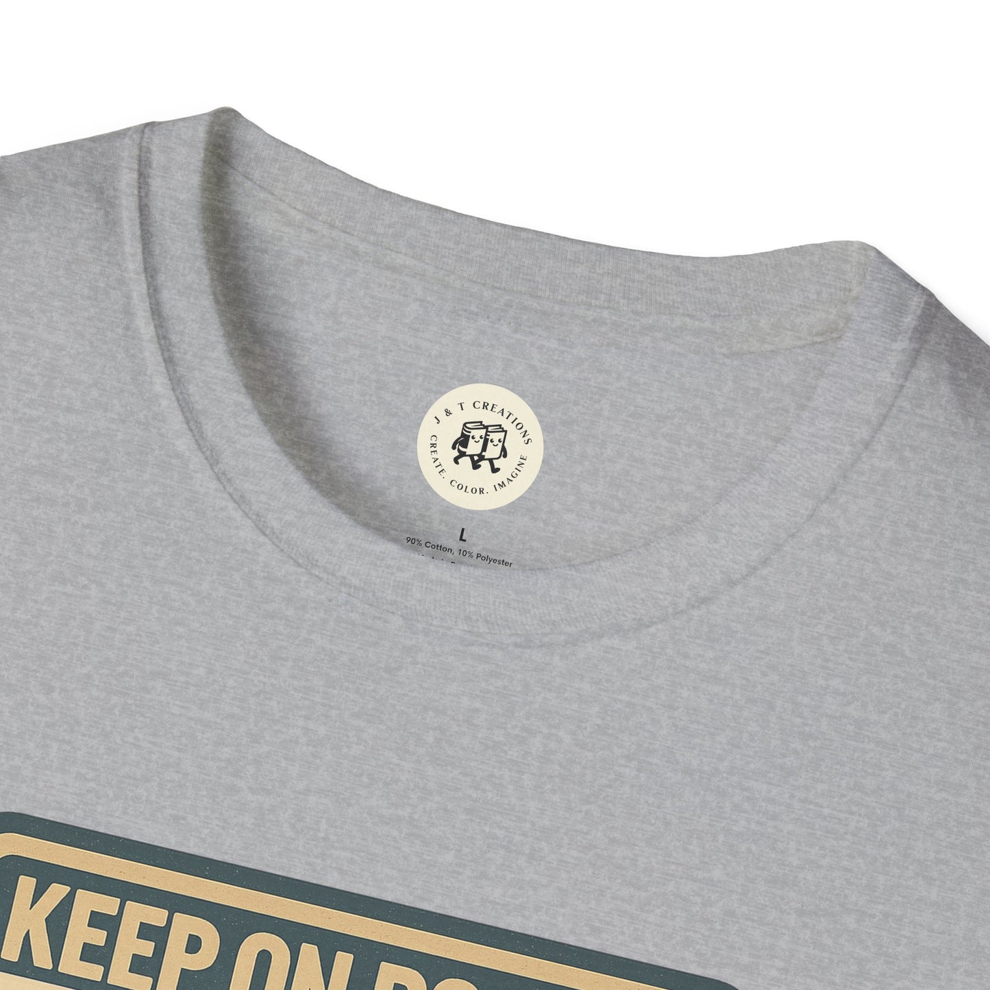 Close-up of grey Keep on Rockin in the Free World t-shirt collar and printed design by Printify
