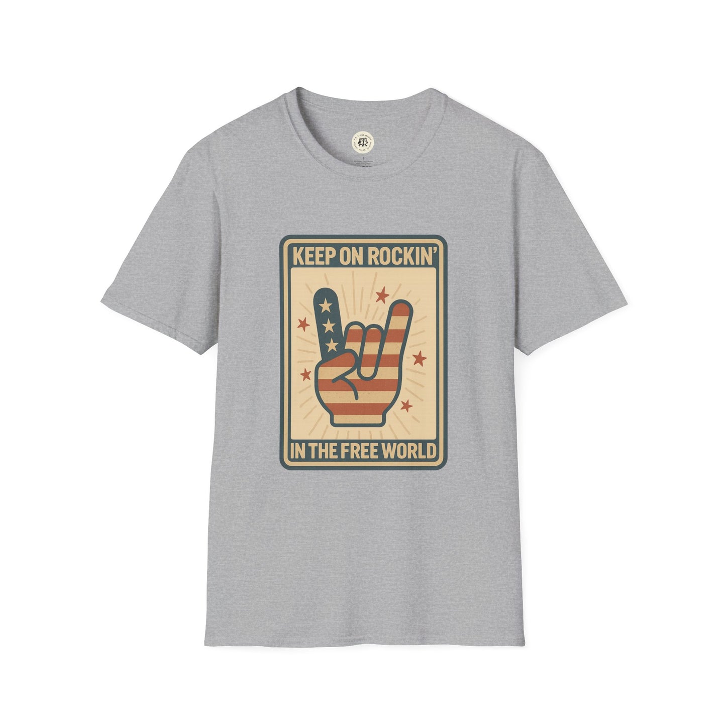 Gray Printify Keep on Rockin in the Free World t-shirt with patriotic rock hand graphic