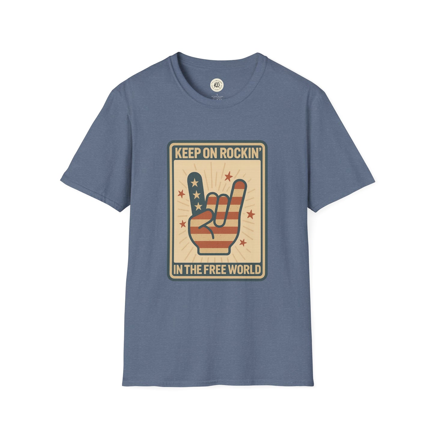 Printify Keep on Rockin in the Free World t-shirt with patriotic rock hand graphic on blue fabric