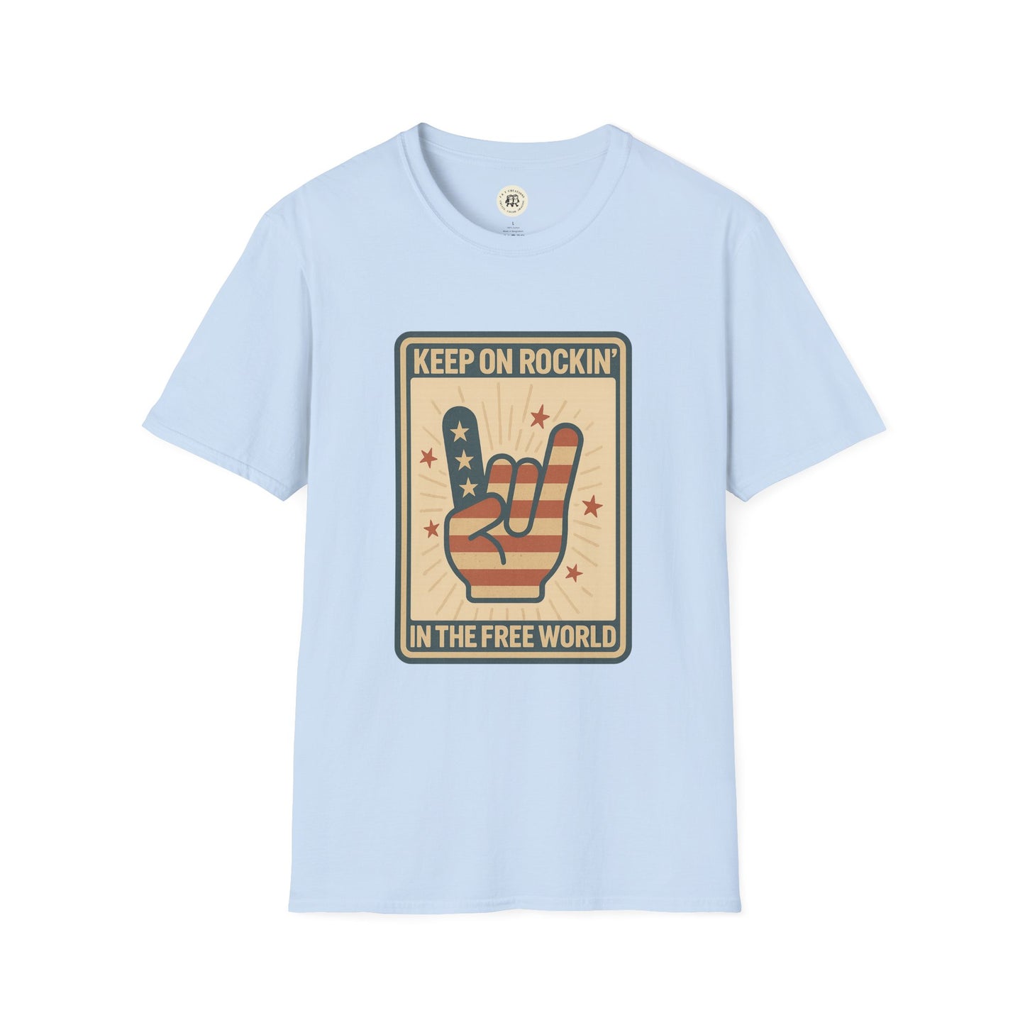 Light blue Keep on Rockin in the Free World t-shirt with vintage American flag rock hand graphic