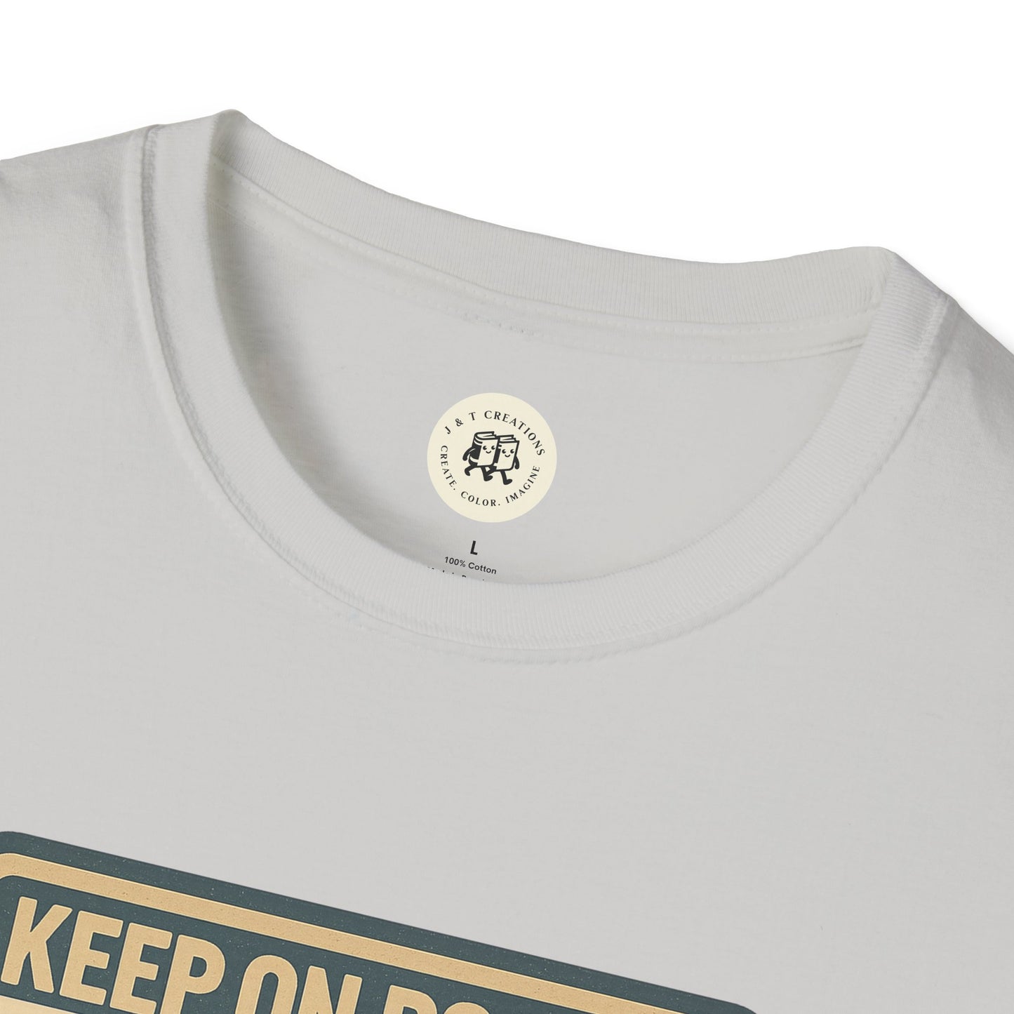 Close-up view of white Keep on Rockin in the Free World t-shirt neckline and print design