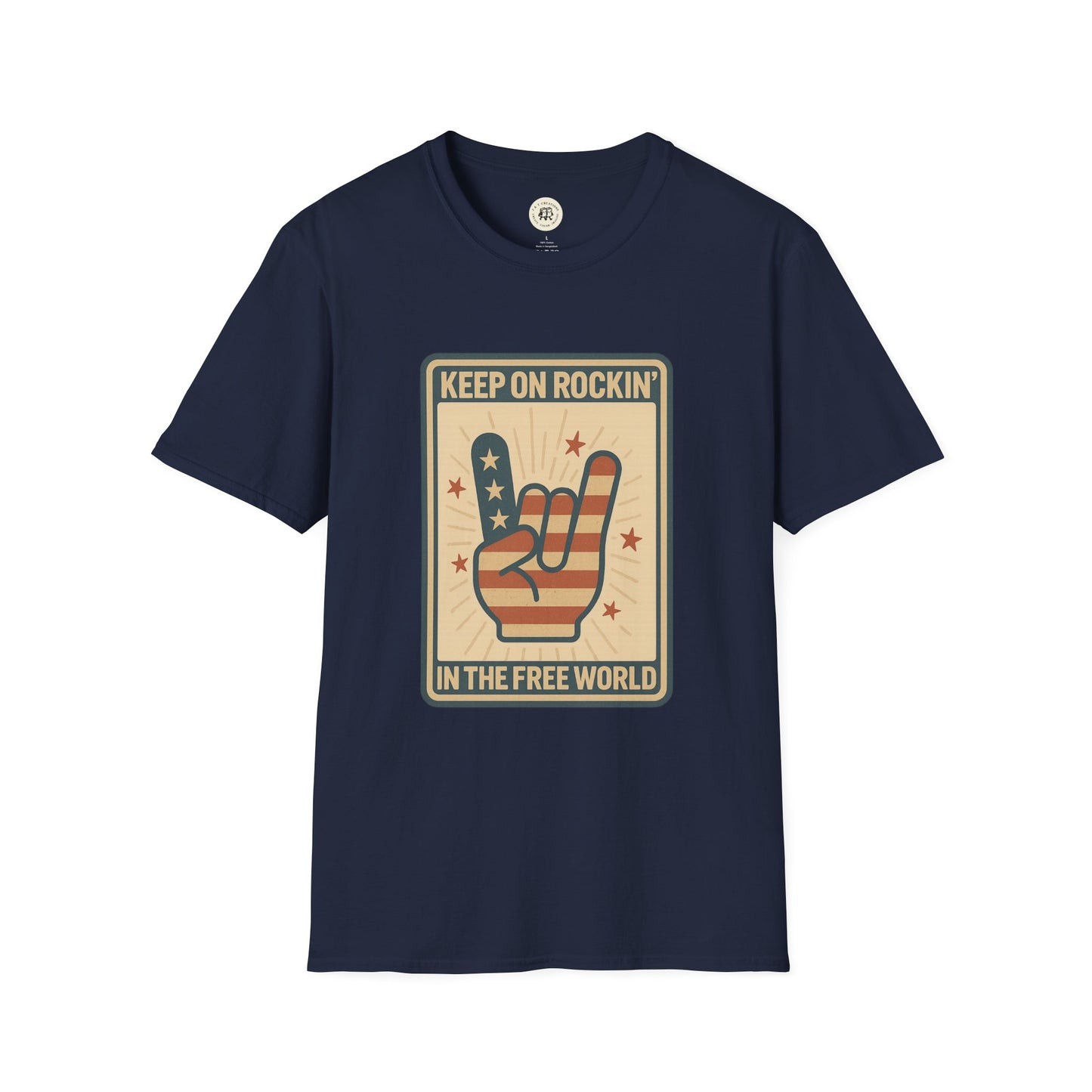 Navy blue Printify Keep on Rockin in the Free World t-shirt with patriotic hand sign graphic