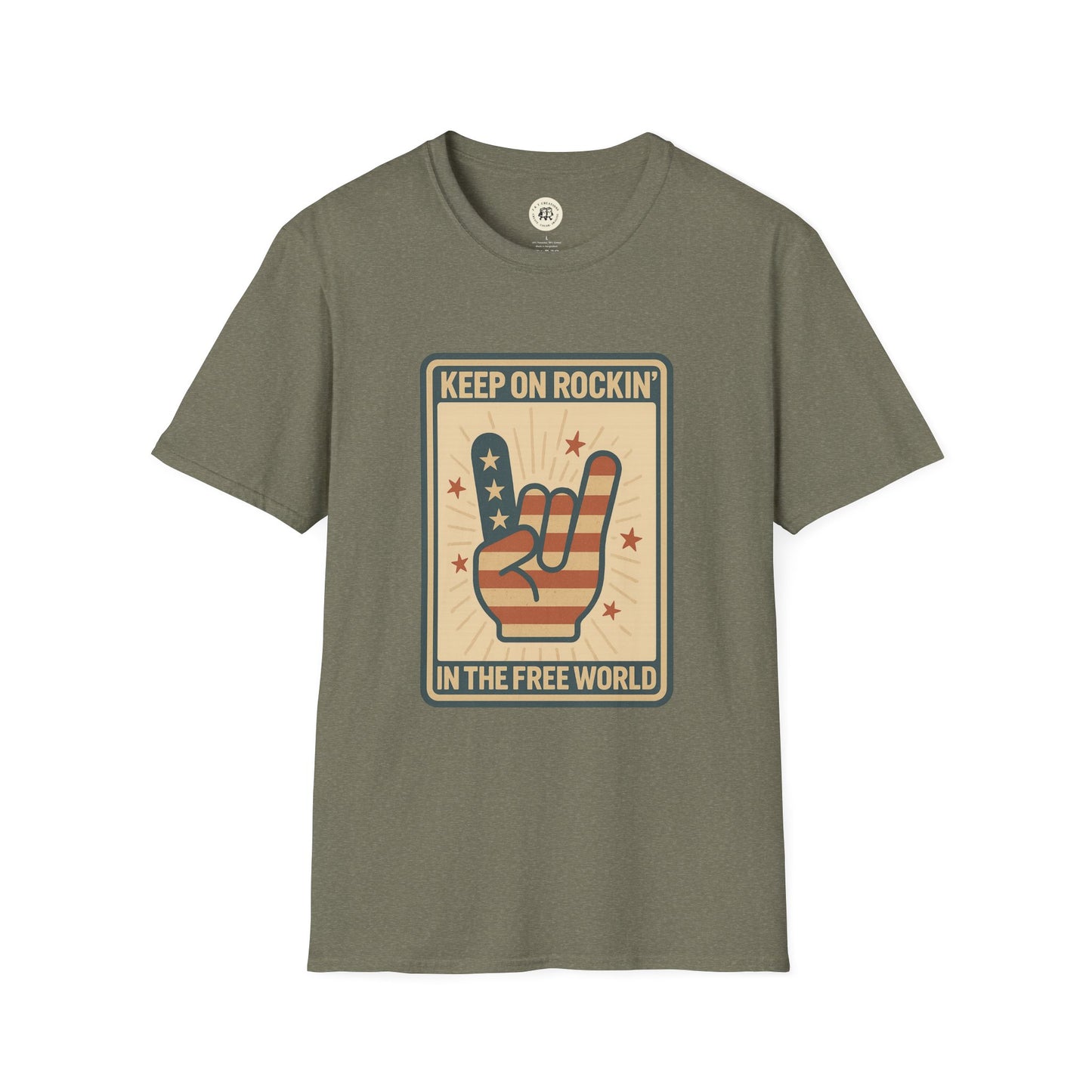 Printify Keep on Rockin in the Free World t-shirt with patriotic rock hand graphic on olive green