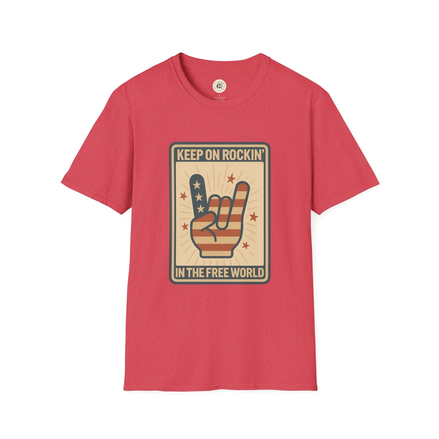 Red Keep on Rockin in the Free World t-shirt with American flag rock hand graphic from Printify