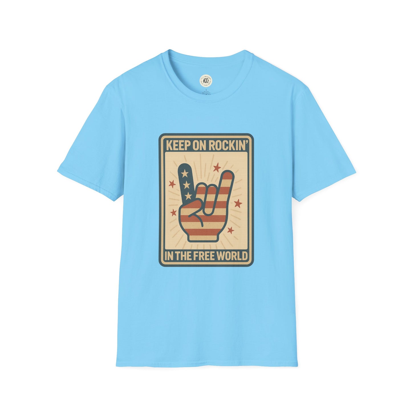 Light blue Keep on Rockin in the Free World t-shirt with American flag hand rock gesture design