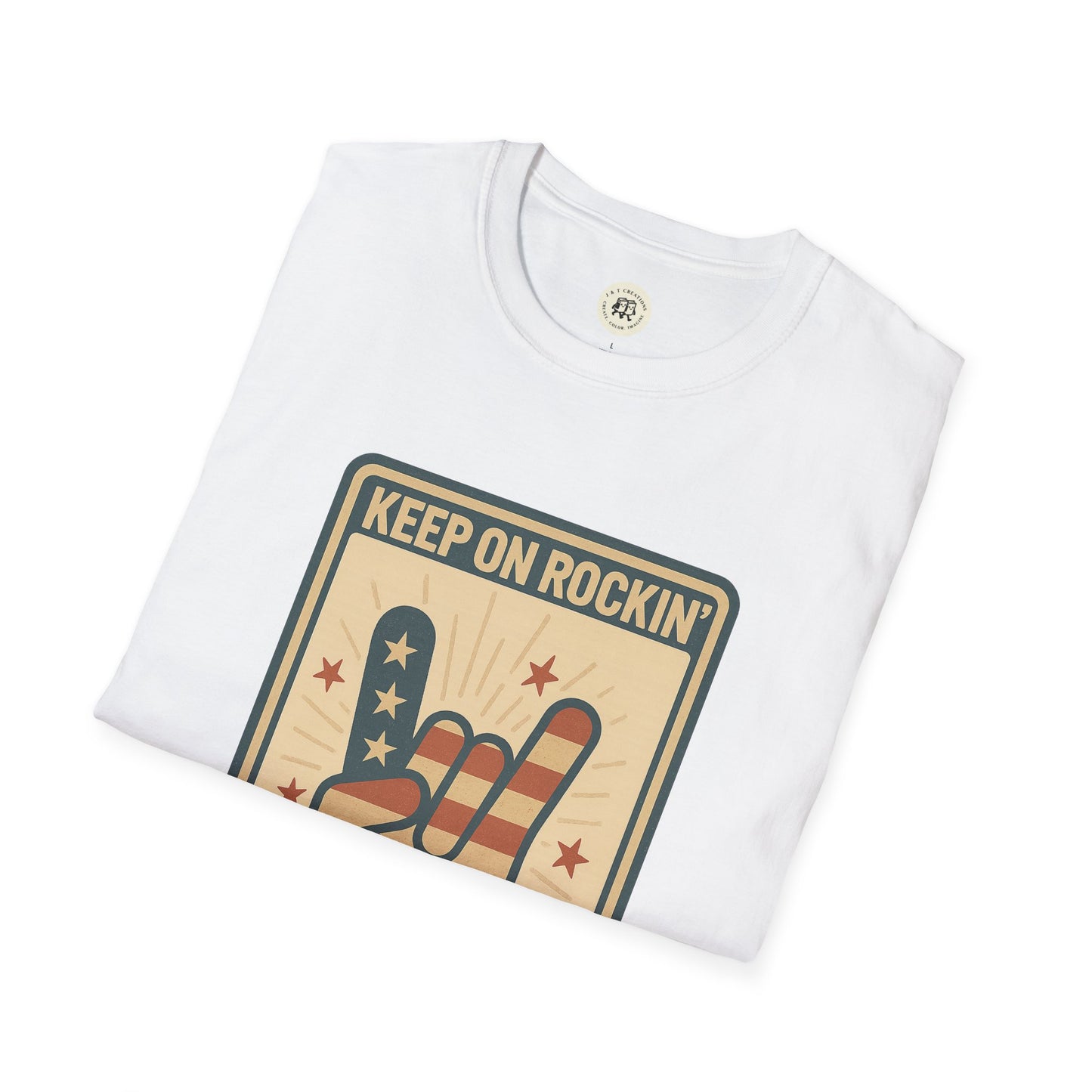 Printify white Keep on Rockin in the Free World t-shirt with patriotic rock hand sign design