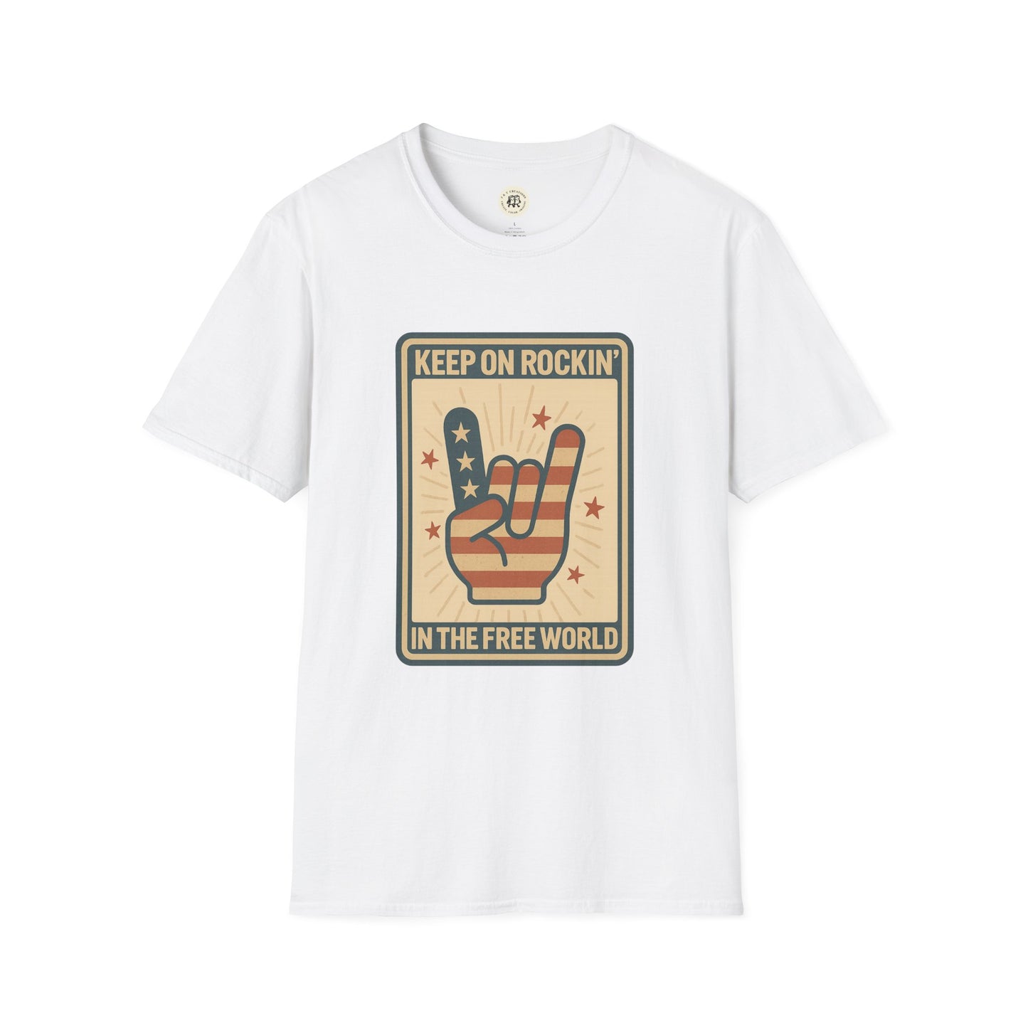 White Printify Keep on Rockin in the Free World t-shirt with patriotic rock hand graphic