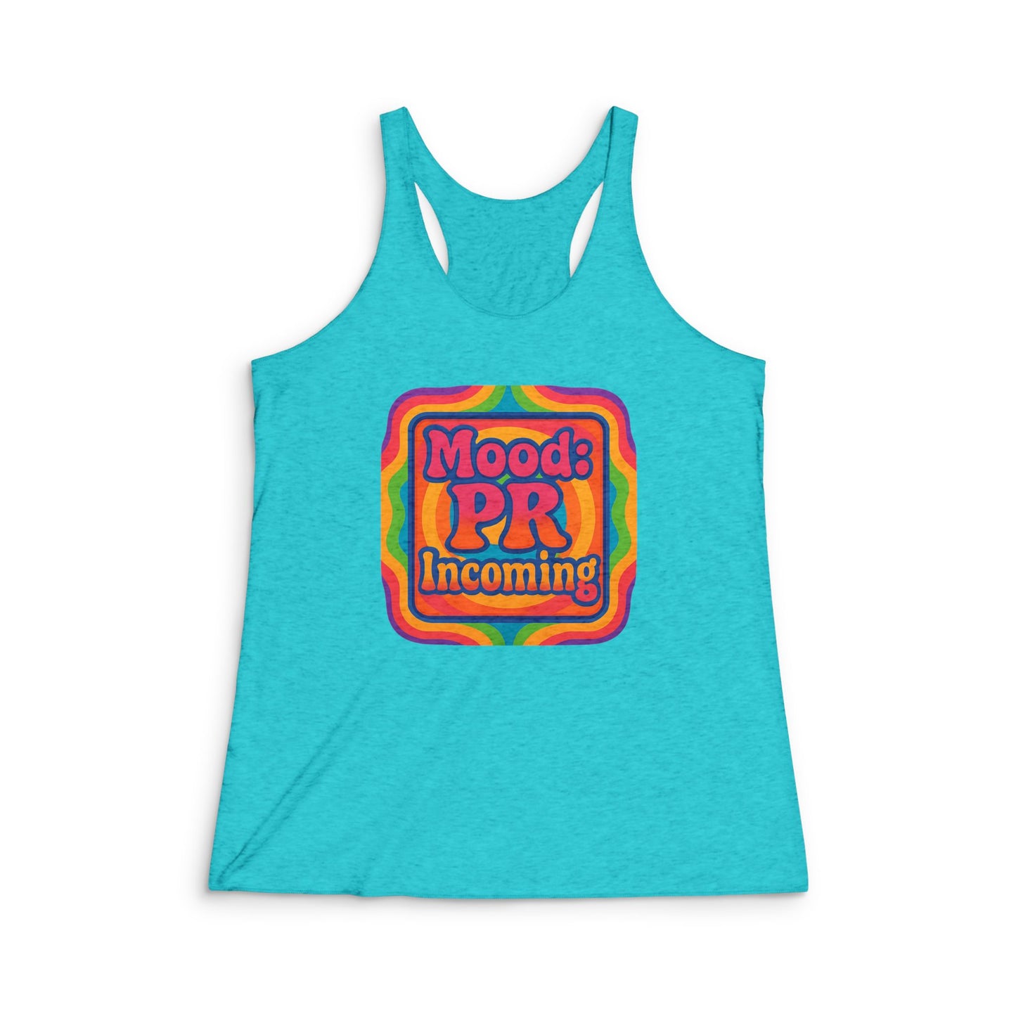 Turquoise tank top with colorful Mood PR Incoming graphic design mood inspiration fitness shirt