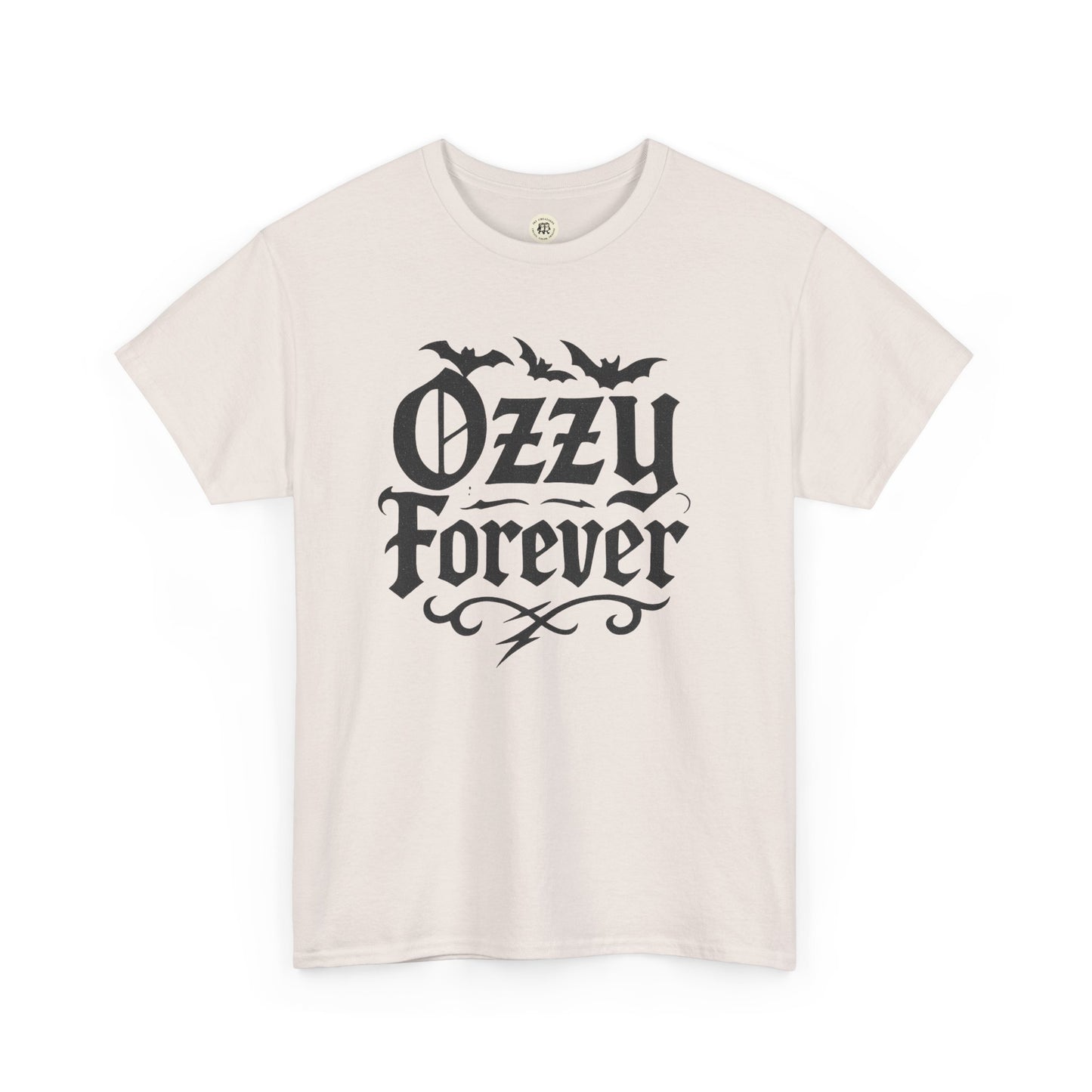 White T-shirt from Printify with black gothic text and bats featuring Ozzy Osbourne Forever shirt design