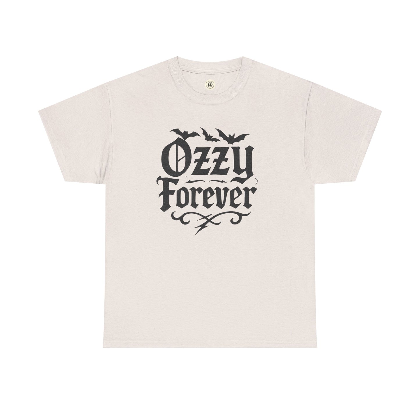 Printify beige Ozzy Osbourne Forever shirt with black gothic font and bat graphic design