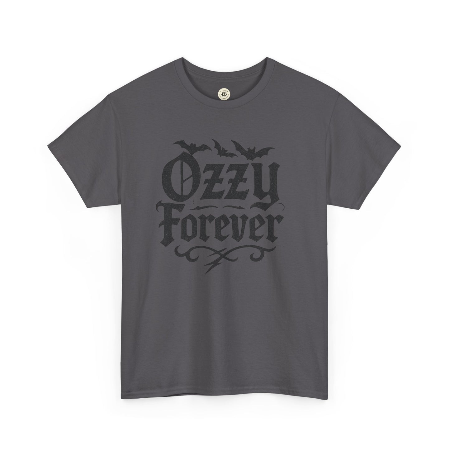 Gray printify Ozzy Osbourne Forever shirt with black gothic text and bats graphic design