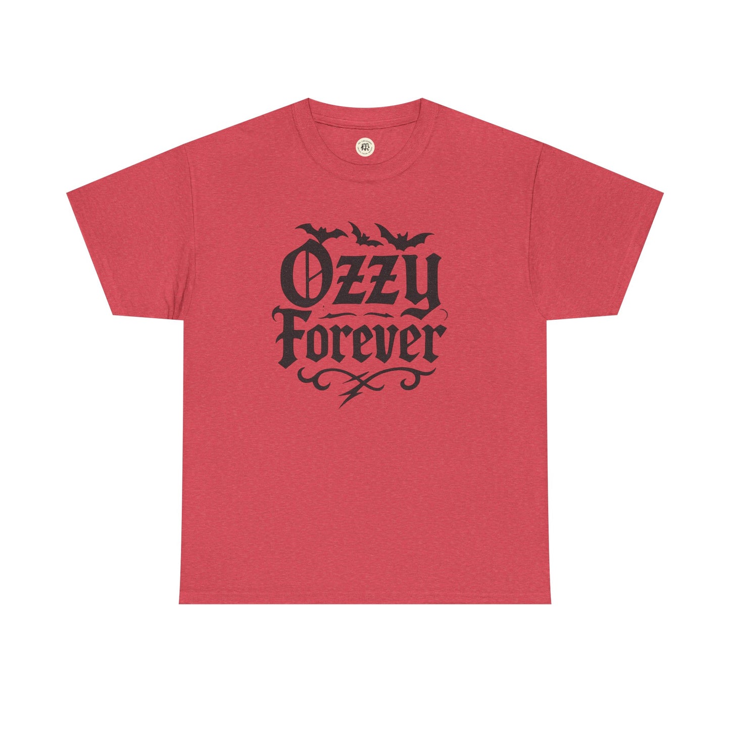 Red Printify T-shirt with black Ozzy Osbourne Forever shirt design featuring bats and gothic text