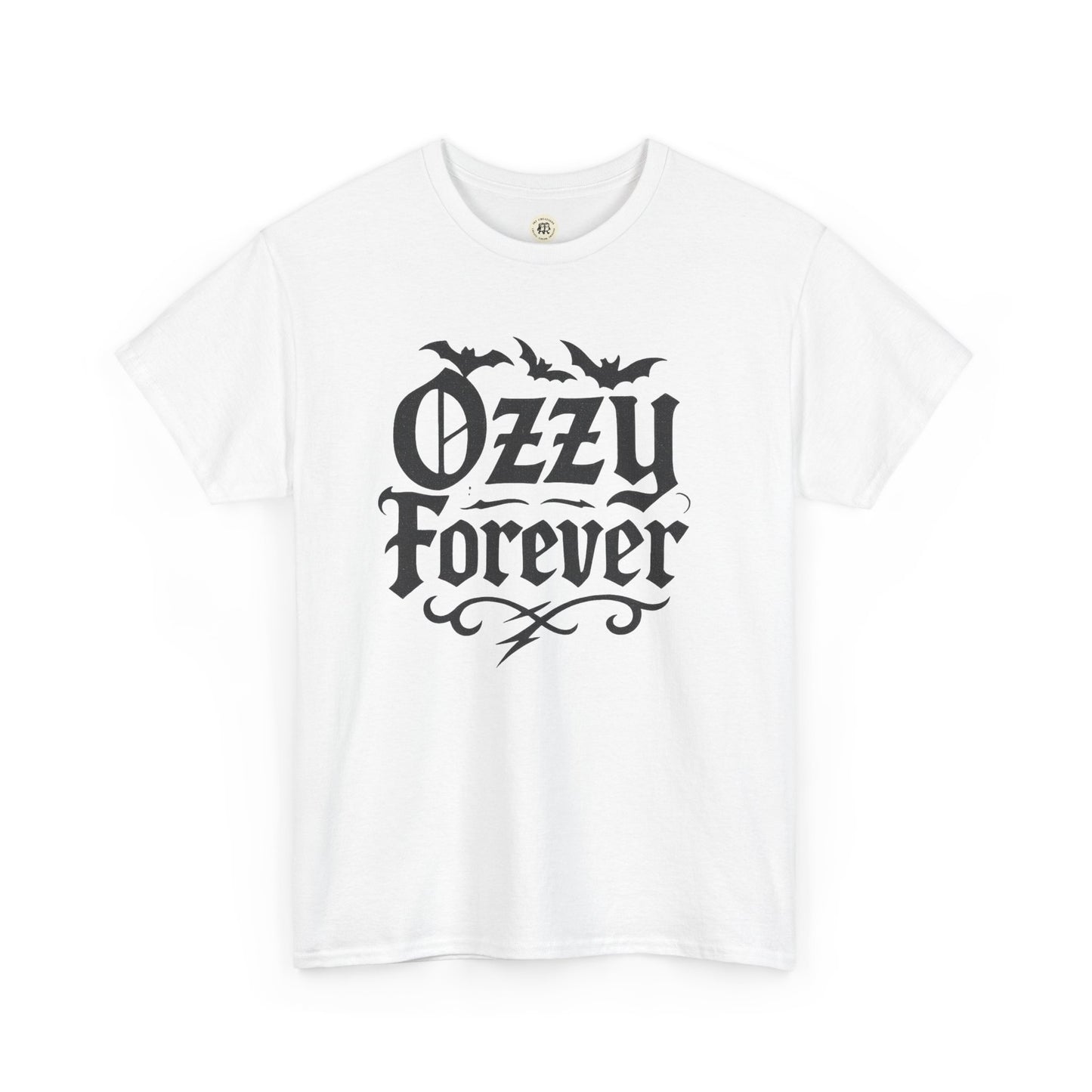 White Ozzy Osbourne Forever shirt with black gothic text and bat design by Printify