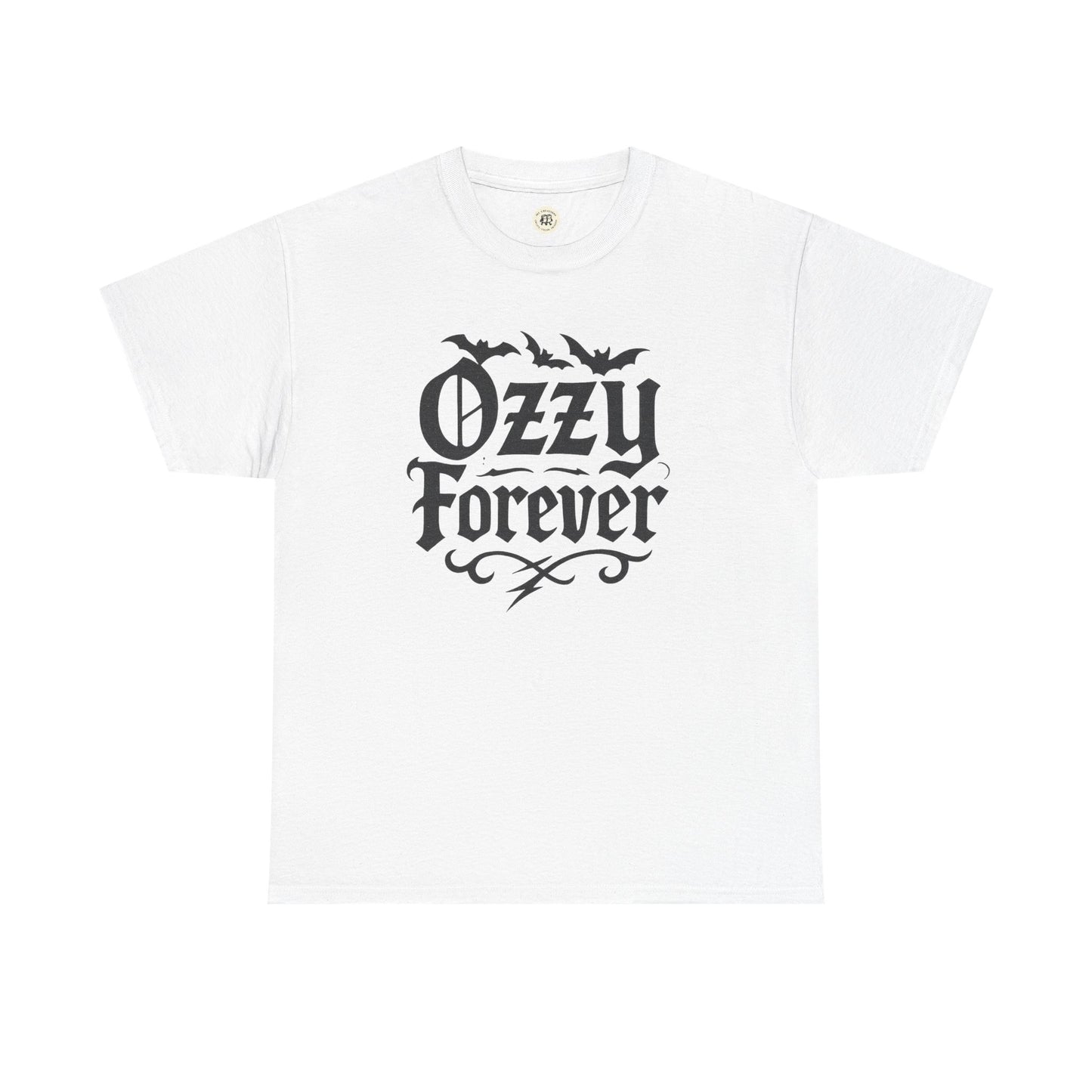 White Printify T-Shirt with black Ozzy Osbourne Forever shirt text and bat graphic