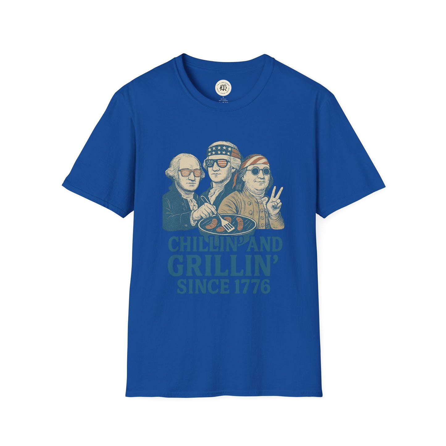 Printify vintage 4th of July t-shirt in blue with patriotic cartoon founders grilling design