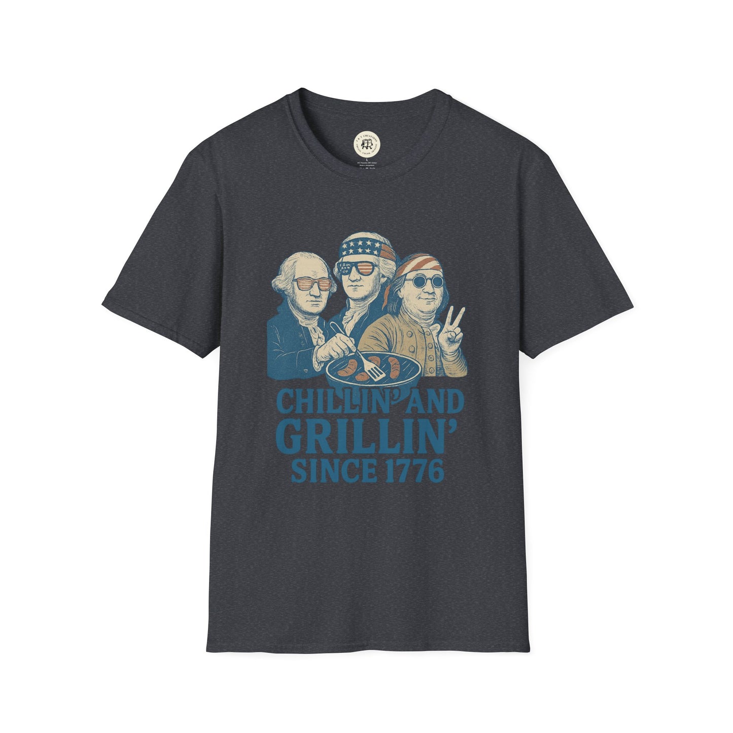 Printify vintage 4th of July t-shirt with cartoon founding fathers grilling and text chillin and grillin since 1776