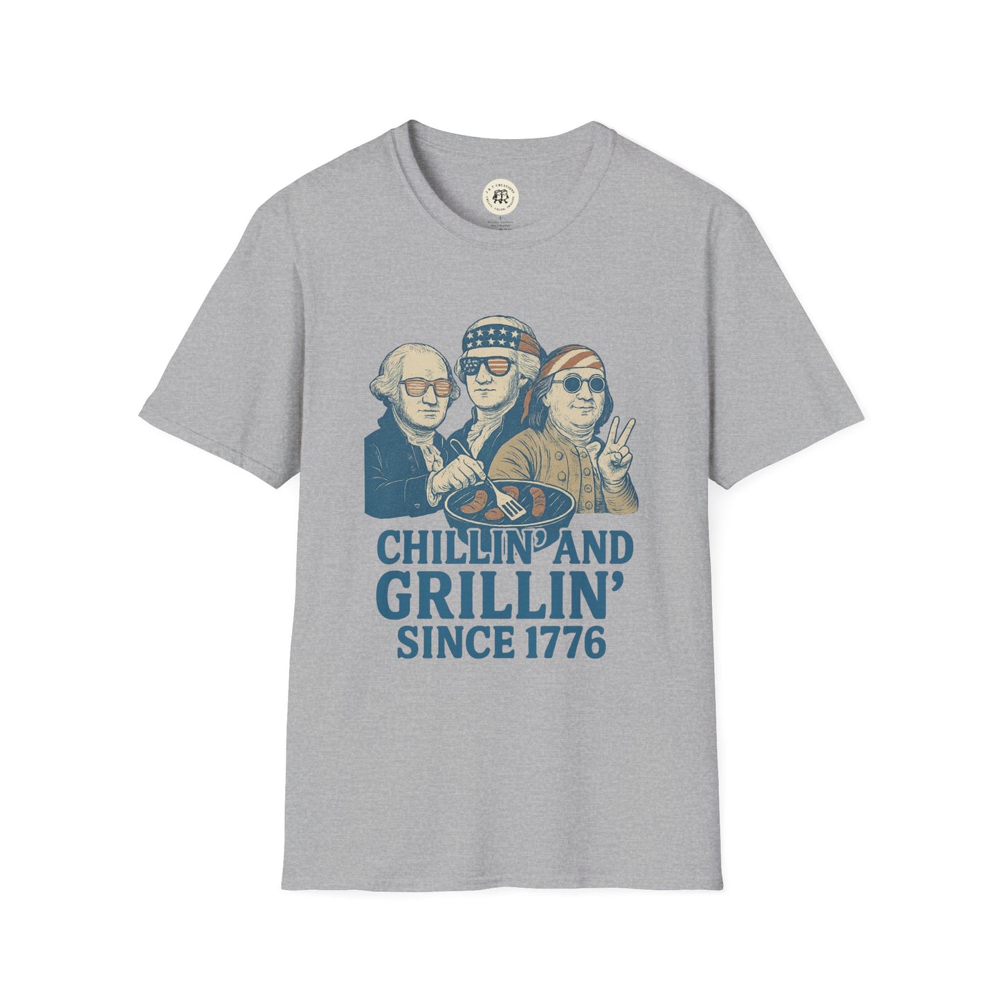 Printify vintage 4th of July t-shirt with cartoon patriots chilling and grilling since 1776
