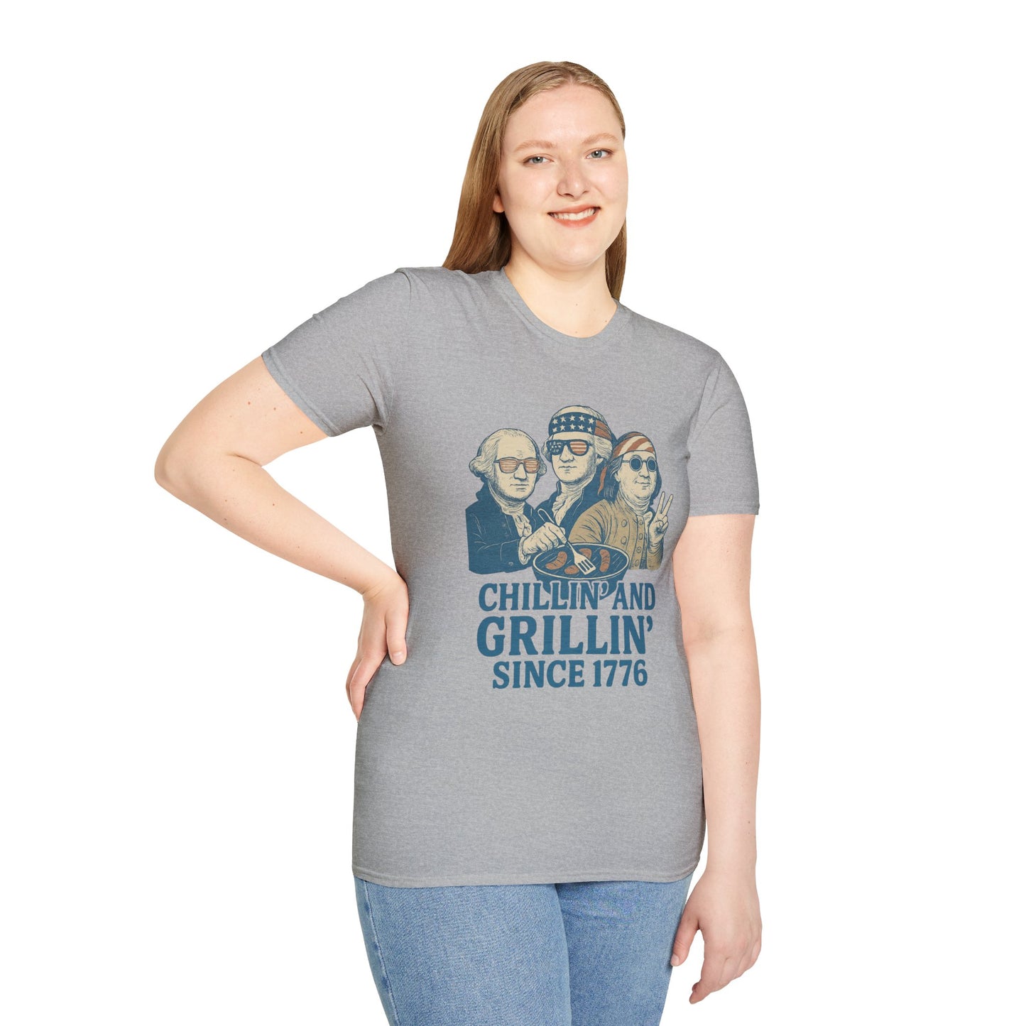 Printify vintage 4th of July t-shirt with Chillin and Grillin graphic worn by smiling woman