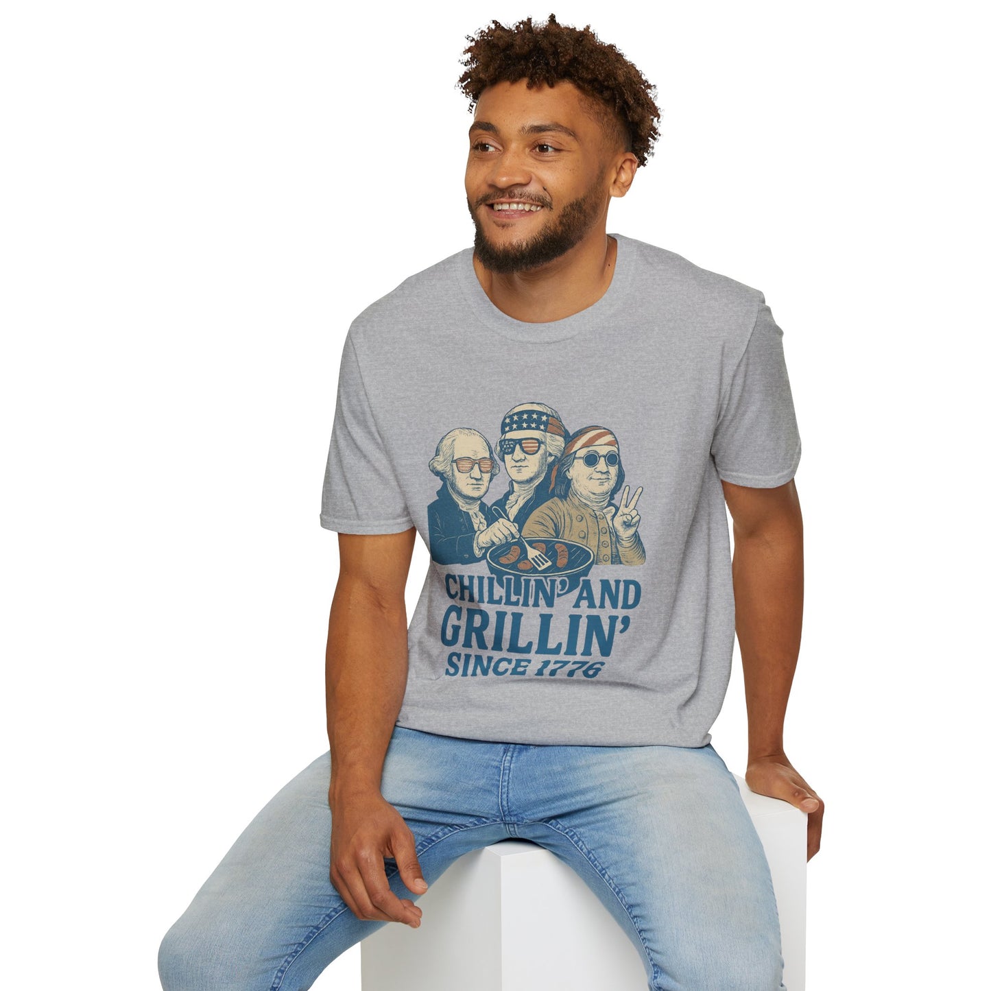 Printify vintage 4th of July t-shirt in gray with patriotic chillin and grillin design worn by smiling man