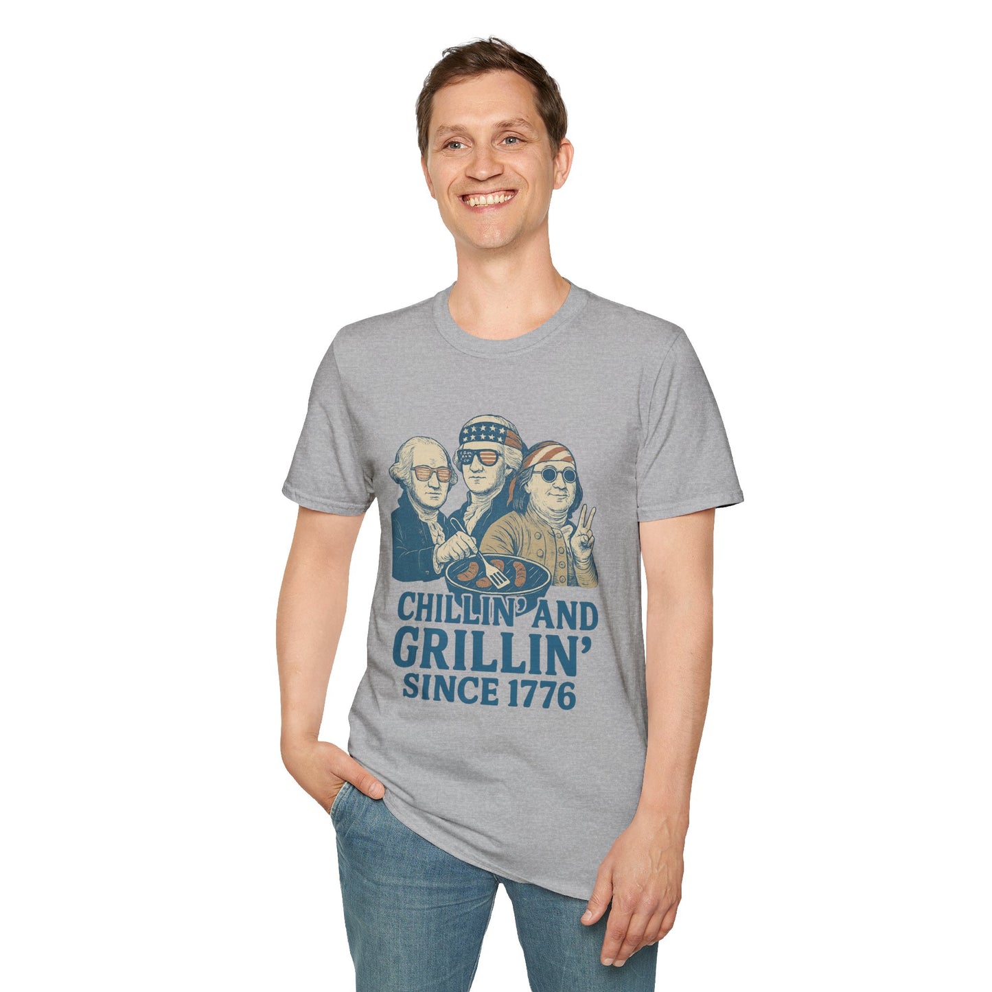 Printify vintage 4th of July t-shirt with Chillin and Grillin graphic worn by smiling man