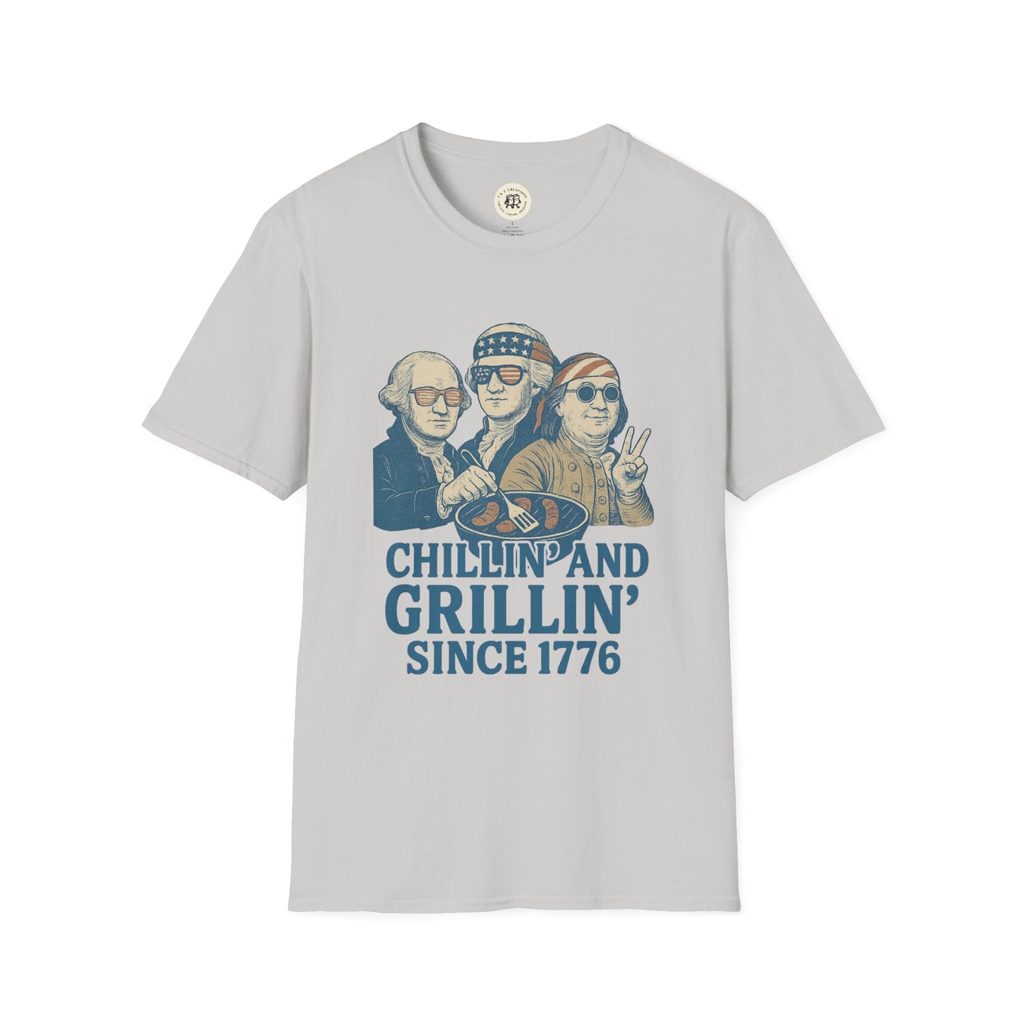 Vintage 4th of July t-shirt with graphic of colonial figures grilling and text chillin and grillin since 1776