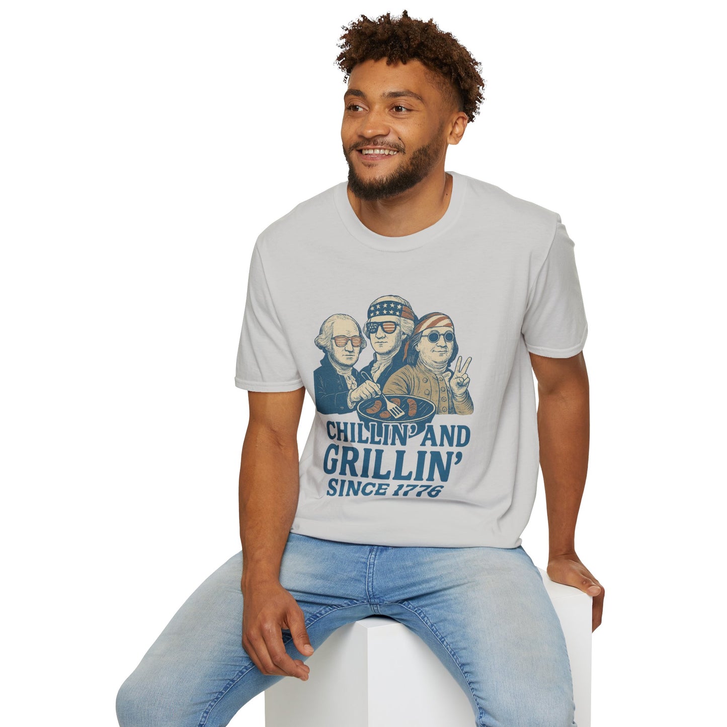 Printify vintage 4th of July t-shirt with chillin and grillin patriotic design worn by man