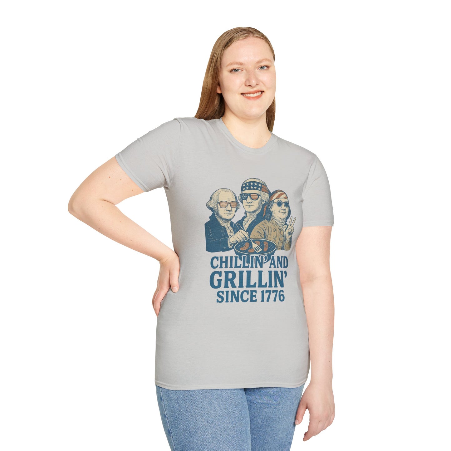 Printify vintage 4th of July t-shirt with patriotic graphic of historical figures grilling