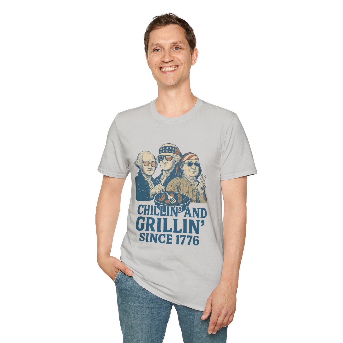 Printify vintage 4th of July t-shirt with chillin and grillin graphic featuring historical figures