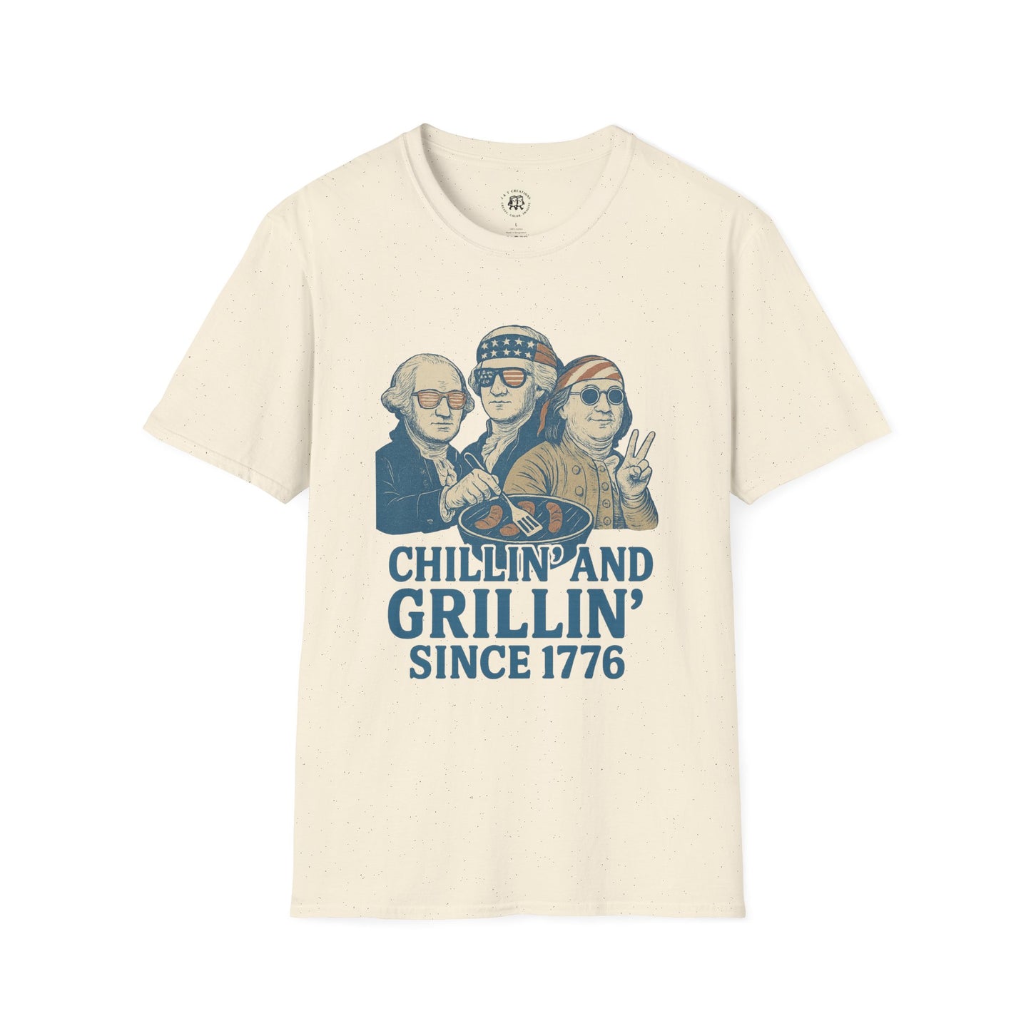 Printify vintage 4th of July t-shirt with patriotic cartoon founders grilling and text chillin and grillin