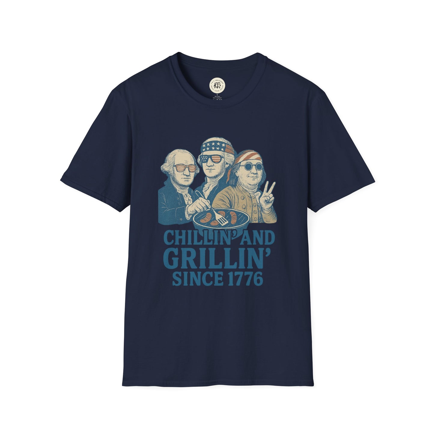 Printify navy vintage 4th of July t-shirt with chillin and grillin graphic featuring historical figures