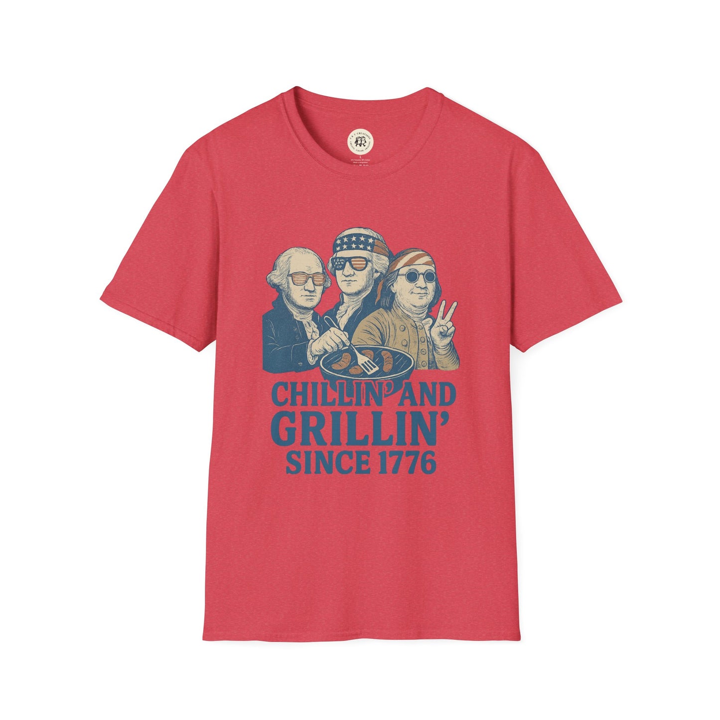Printify vintage 4th of July t-shirt red with patriotic cartoon graphic and chillin and grillin text