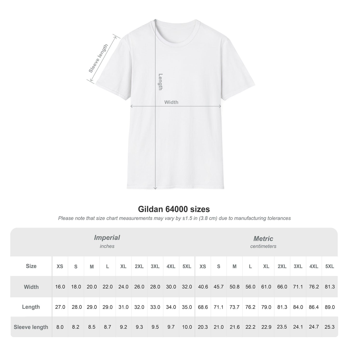 White plain t-shirt size chart with measurements for width length and sleeve length from Printify showing vintage 4th of July t-shirt sizes