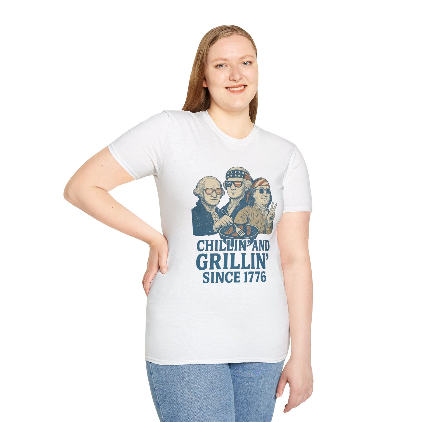 Printify vintage 4th of July t-shirt with Chillin and Grillin design worn by smiling woman