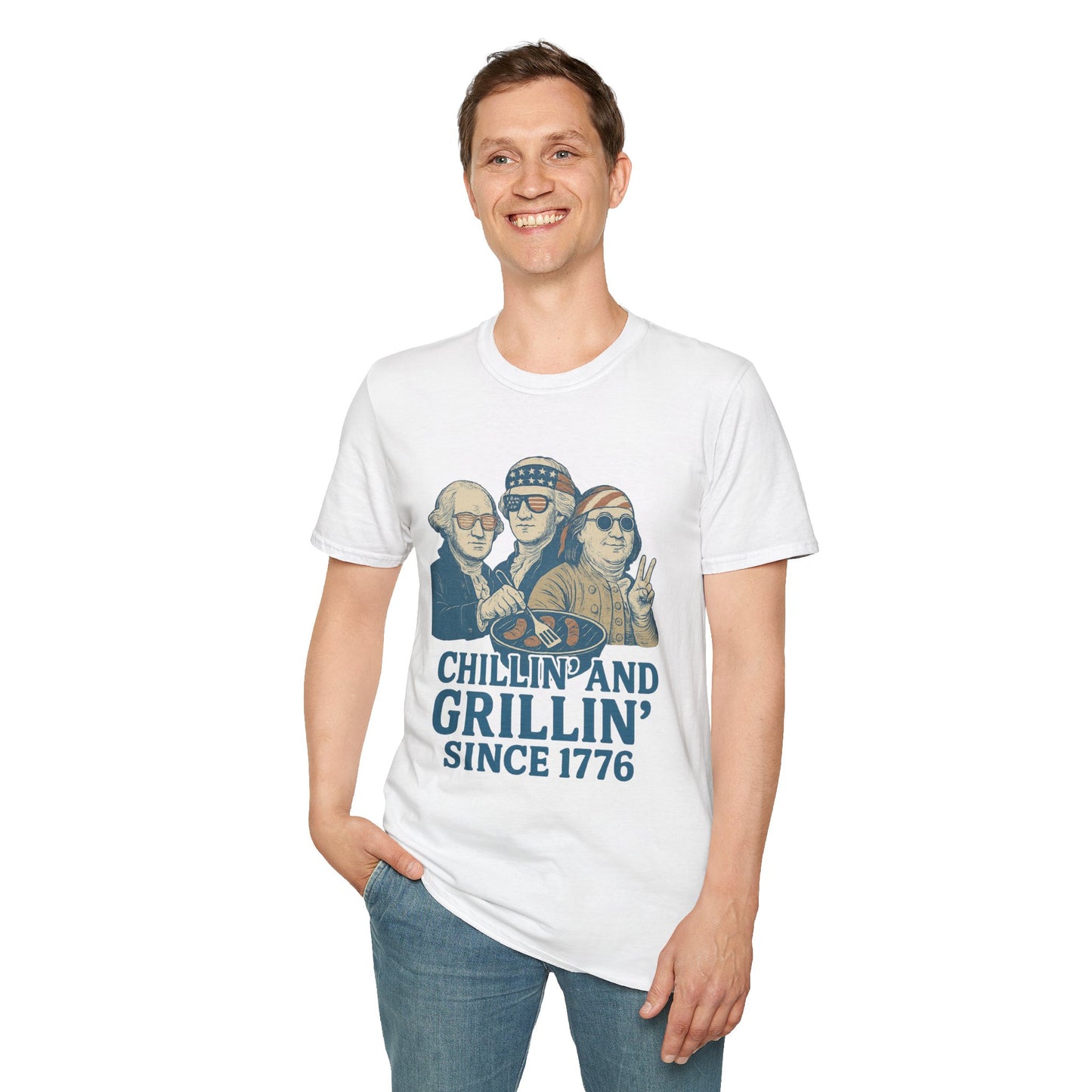 Printify vintage 4th of July t-shirt with Chillin and Grillin design featuring historical figures on white tee