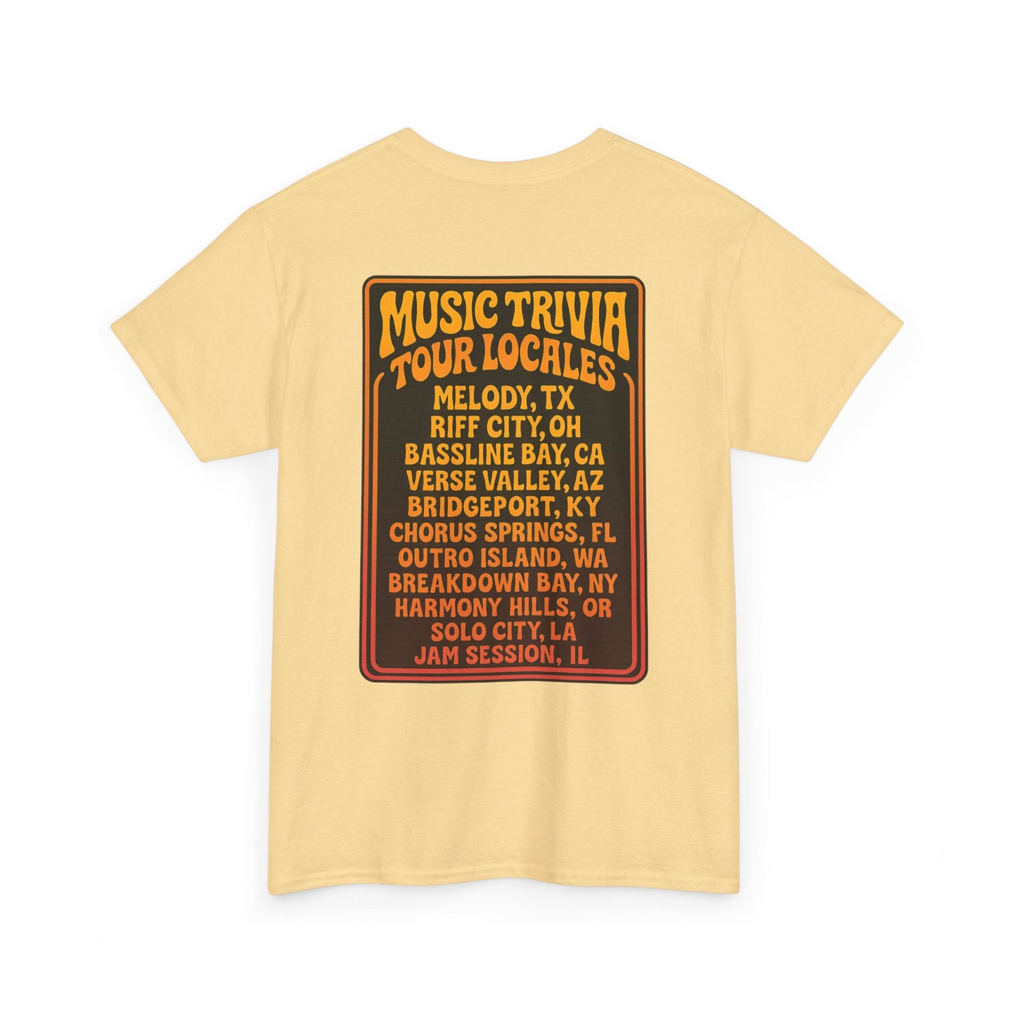Printify vintage music trivia t-shirt in yellow with tour locales graphic on back