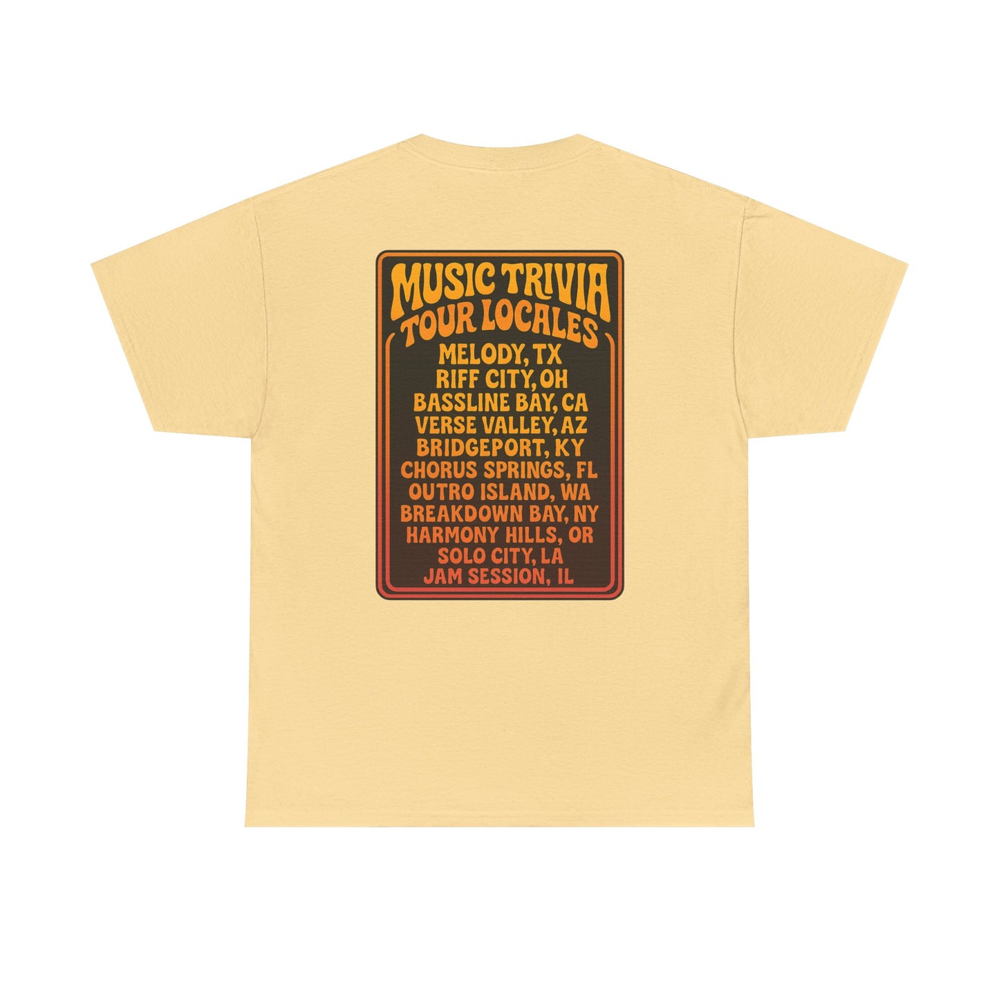 Printify vintage music trivia t-shirt in beige with colorful tour locales graphic on the back