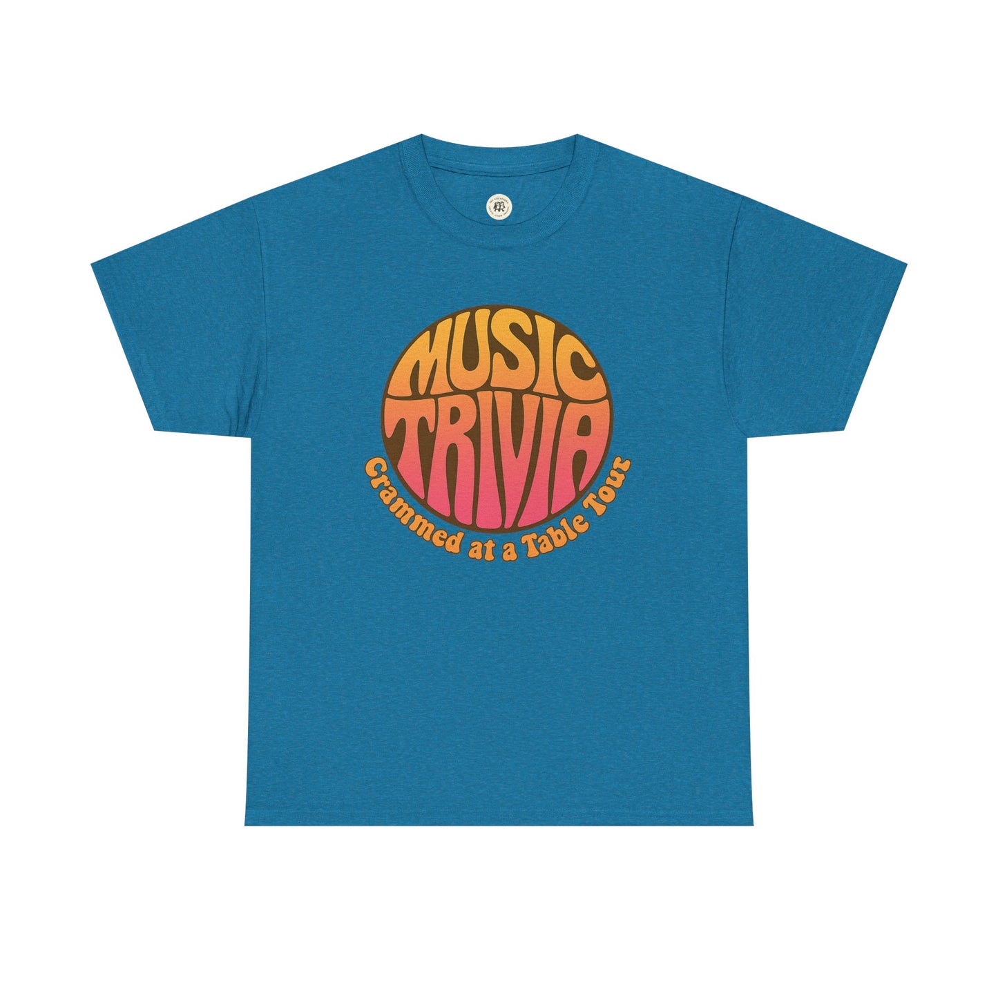 Printify vintage music trivia t-shirt in blue with retro orange and pink graphic design