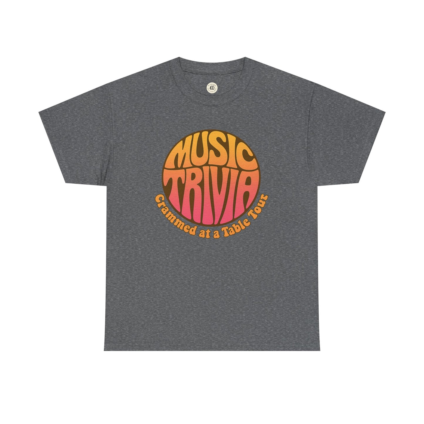 Gray Printify vintage music trivia t-shirt with orange and yellow retro text design