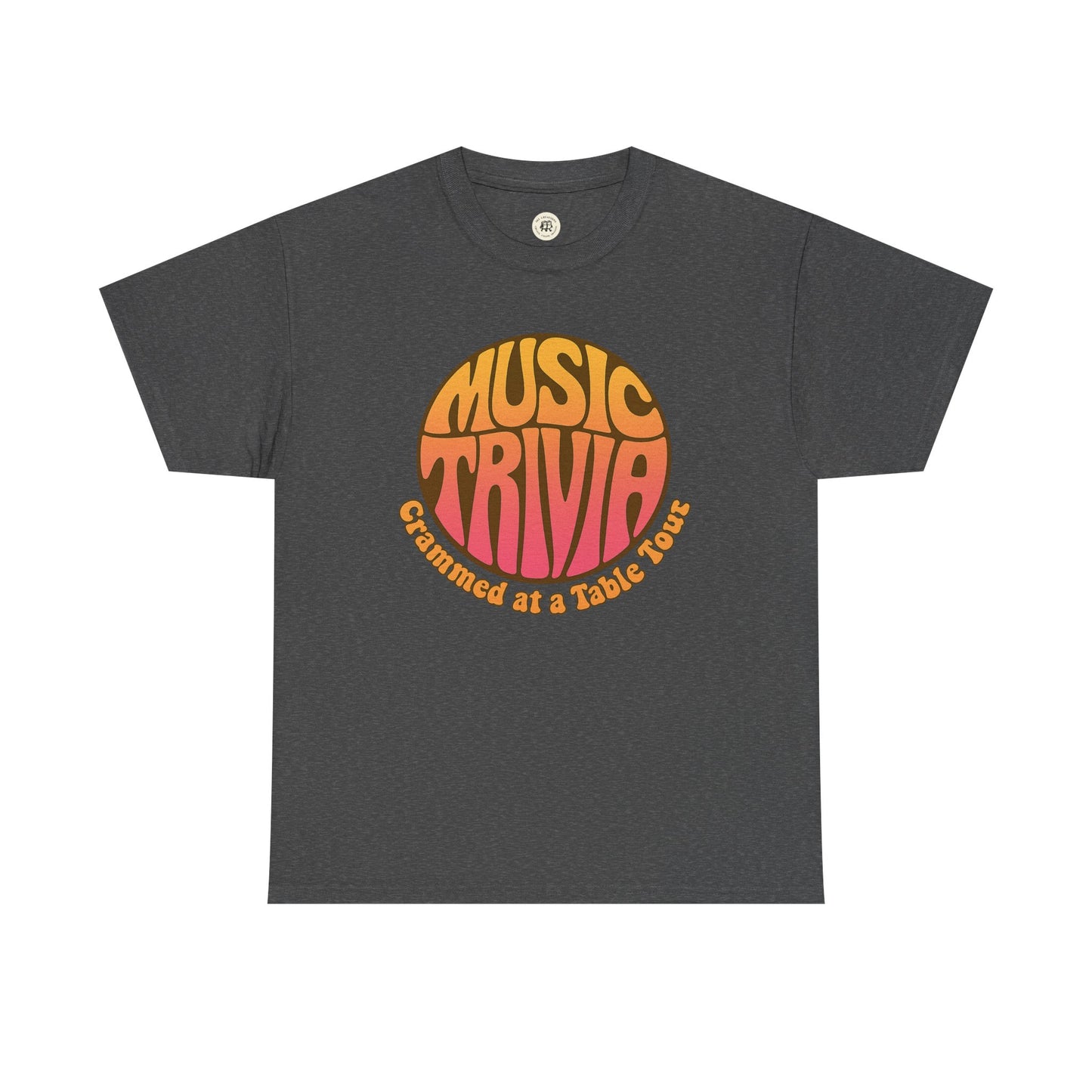 Vintage music trivia t-shirt in dark gray with retro orange and pink music trivia graphic print