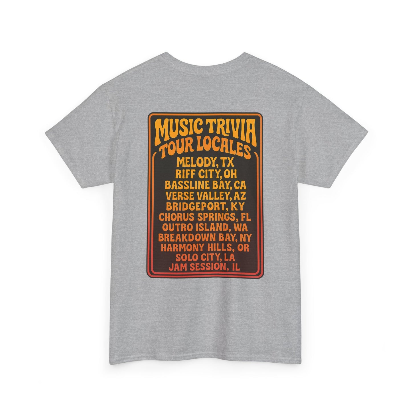 Printify gray vintage music trivia t-shirt with colorful tour locales graphic on back