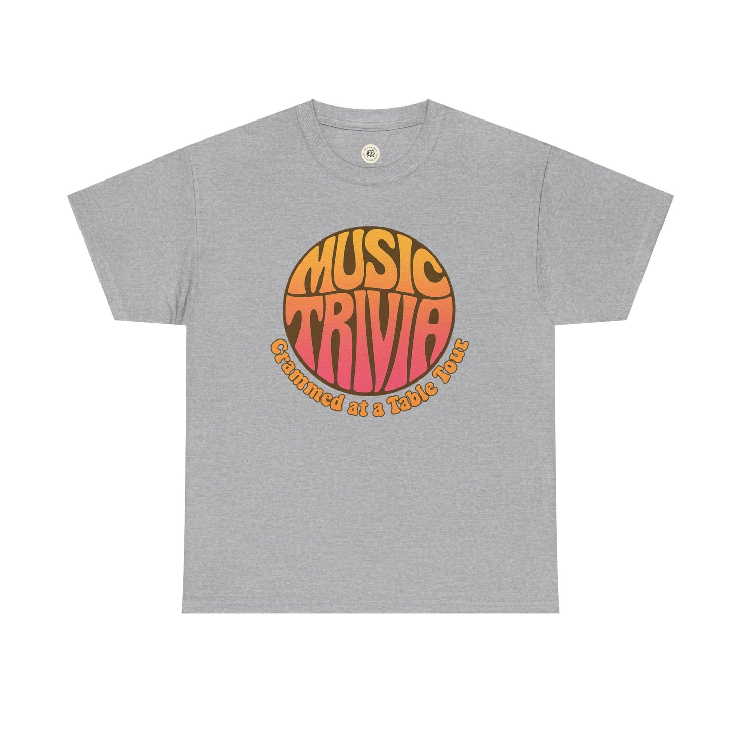 Gray vintage music trivia t-shirt with orange and pink retro design and text graphic