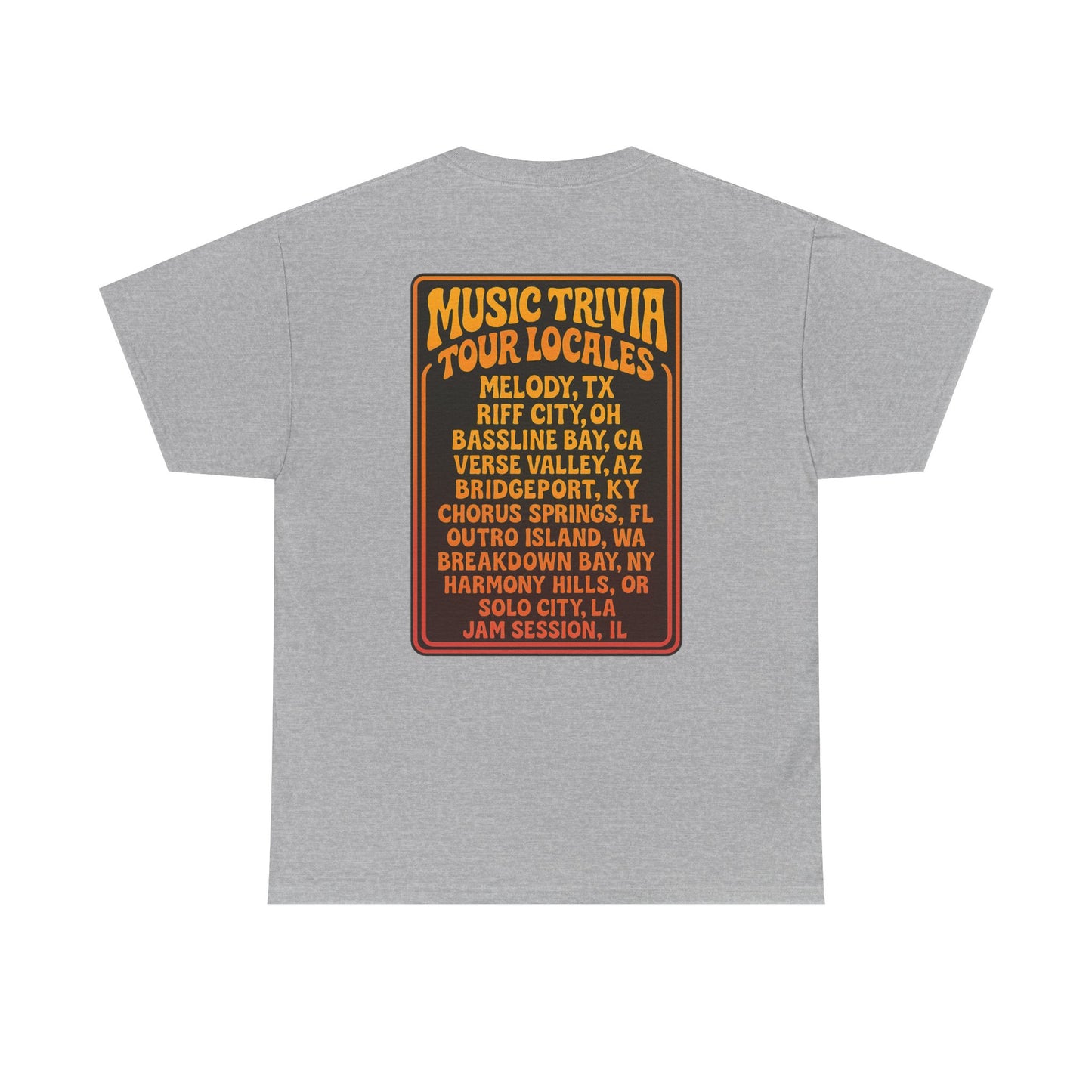 Printify vintage music trivia t-shirt in gray with a colorful music trivia tour design on the back