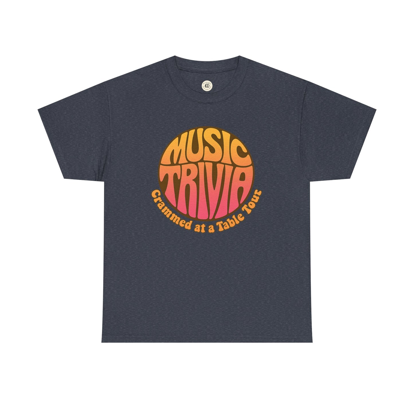 Printify vintage music trivia t-shirt in dark gray with orange and pink retro text design