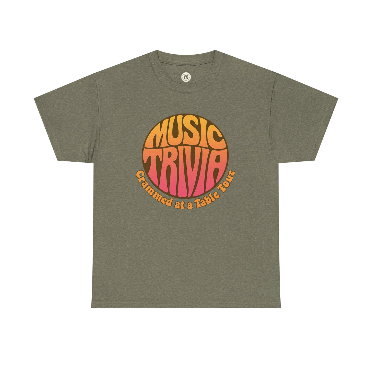Vintage music trivia t-shirt in olive green with retro orange and pink circular text design